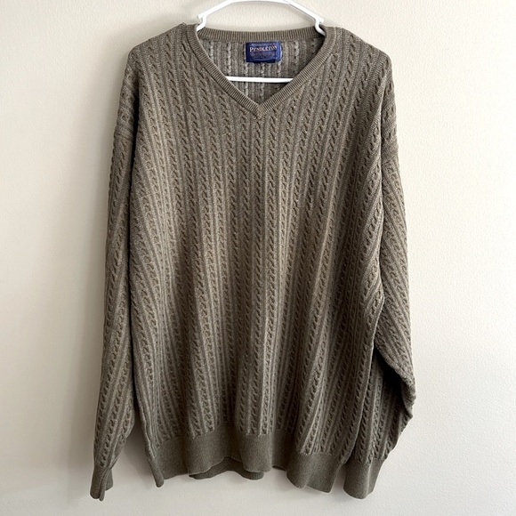 Pendleton Cable Knit V Neck Cotton Sweater Green - Picture 1 of 8